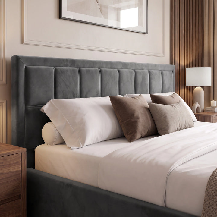 [Super King | Grey] Close-up of velvet ottoman storage bed headboard showing vertical padded channel panels