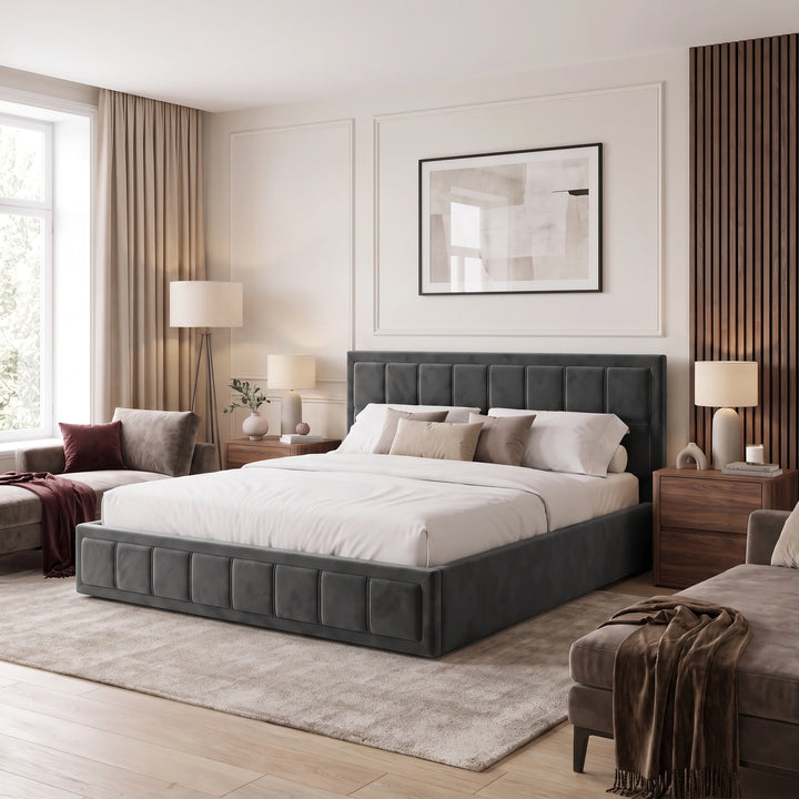 [Super King | Grey] modern upholstered velvet bed with a tufted grey headboard and matching footboard, dressed in white bedding and styled in a bright, contemporary bedroom with wood nightstands, lamps, and neutral decor.