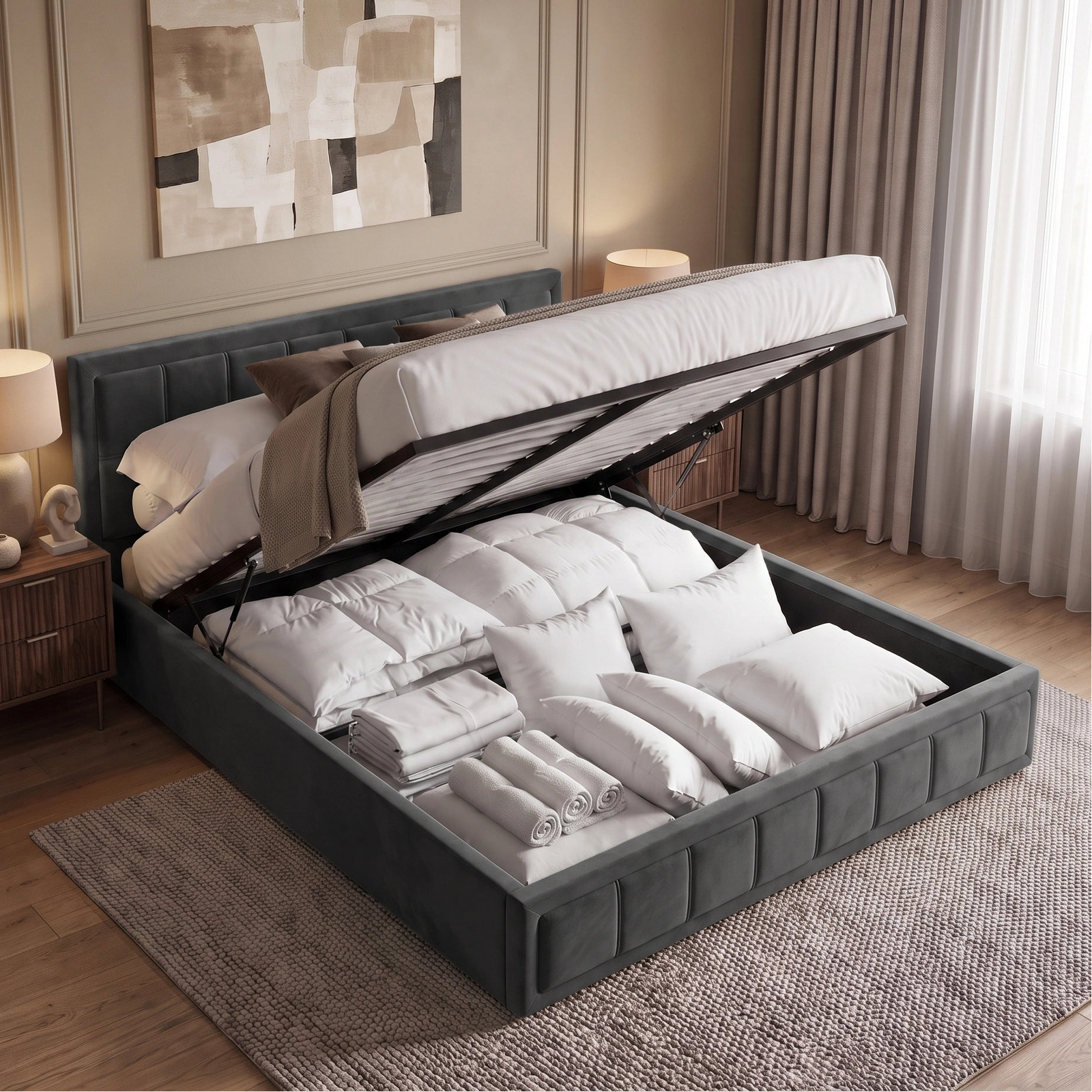 [Super King | Grey] upholstered bed with a lift-up mattress platform, shown open to reveal folded bedding and storage compartments inside