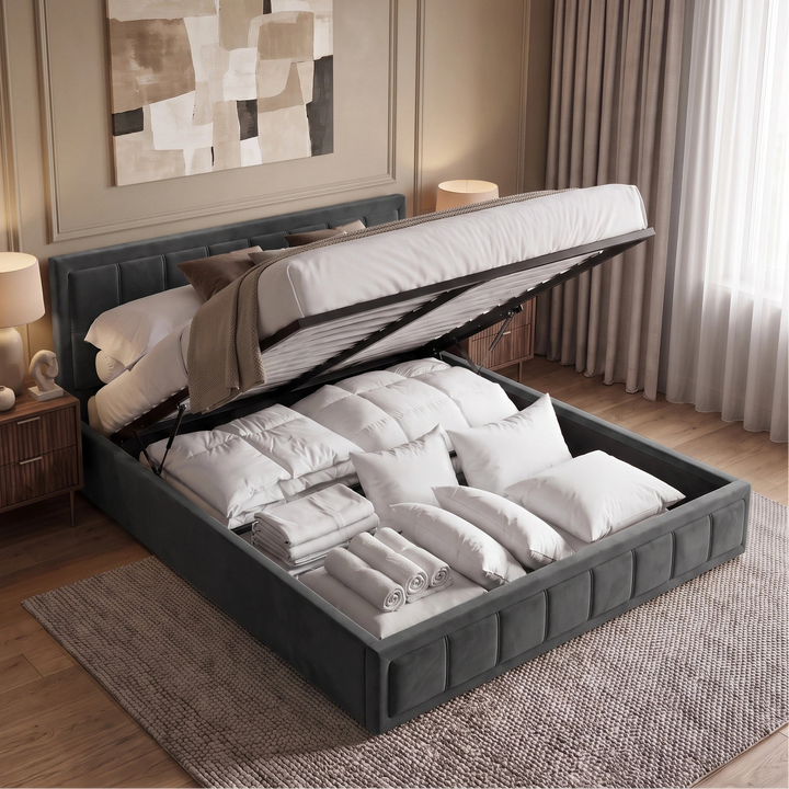 [Super King | Grey] upholstered bed with a lift-up mattress platform, shown open to reveal folded bedding and storage compartments inside