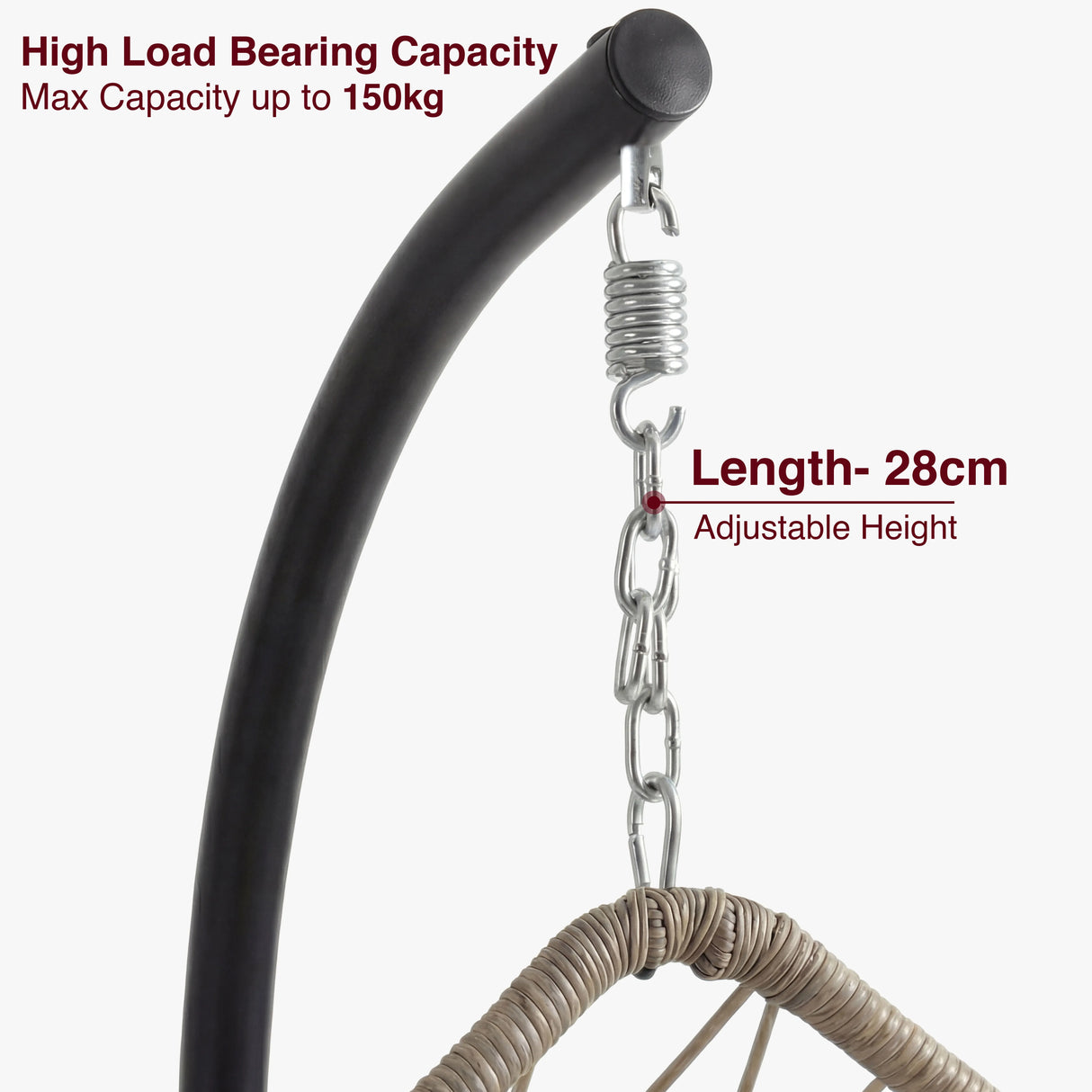 Swing Egg Chair With Stand & Cushion featuring a durable metal stand and adjustable 28cm hanging chain with 150kg load capacity.