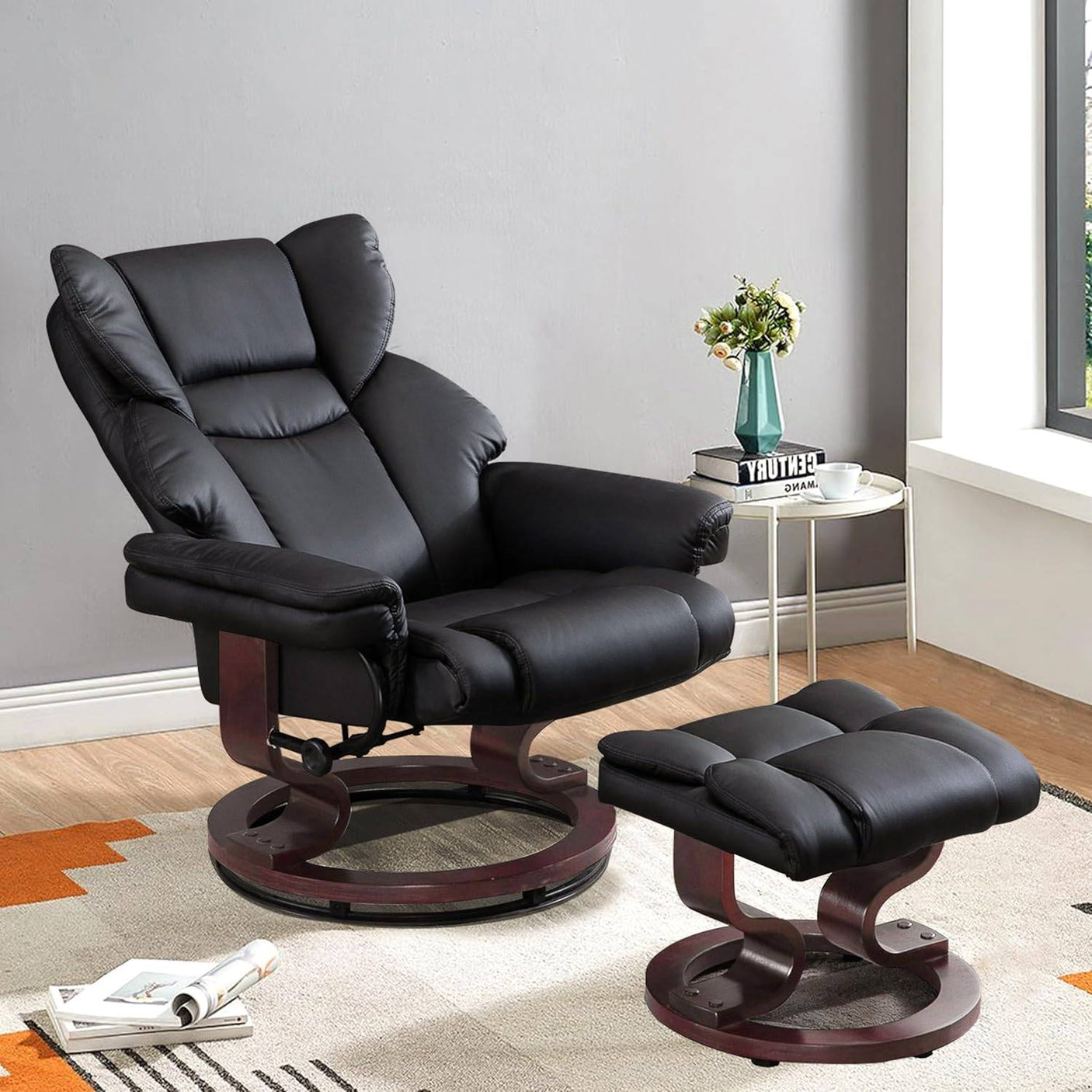 Black Blisswood Recliner Swivel Armchair With Footstool in living room setup, ideal for relaxation with lumbar support and stylish wooden frame.