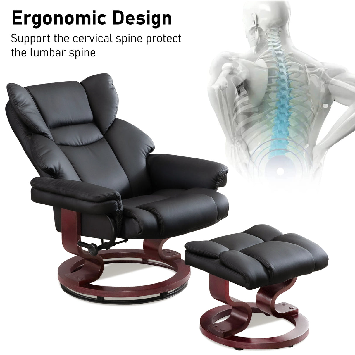 Swivel Recliner Chair With Footstool in black leather with wooden base, featuring ergonomic design for lumbar spine support. Ideal for living room comfort.