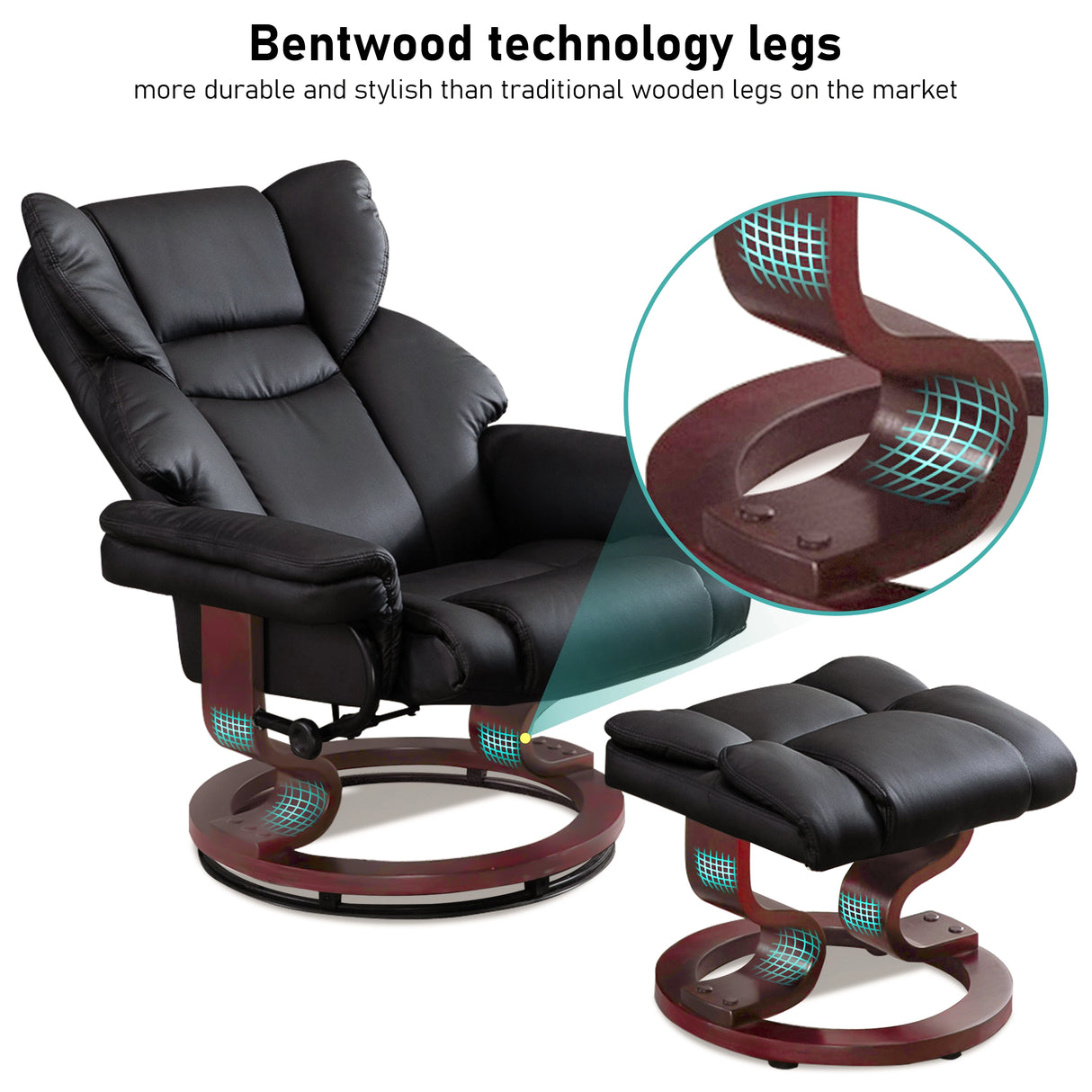Swivel Recliner Chair With Footstool featuring bentwood technology legs for enhanced durability and style, ideal for modern living rooms.