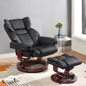 Swivel Recliner Chair With Footstool in black leather with padded armrests, ideal for modern living rooms. Available at DHS Furniture UK.