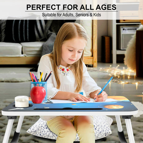 Swivel laptop table, adjustable and versatile, perfect for all ages.