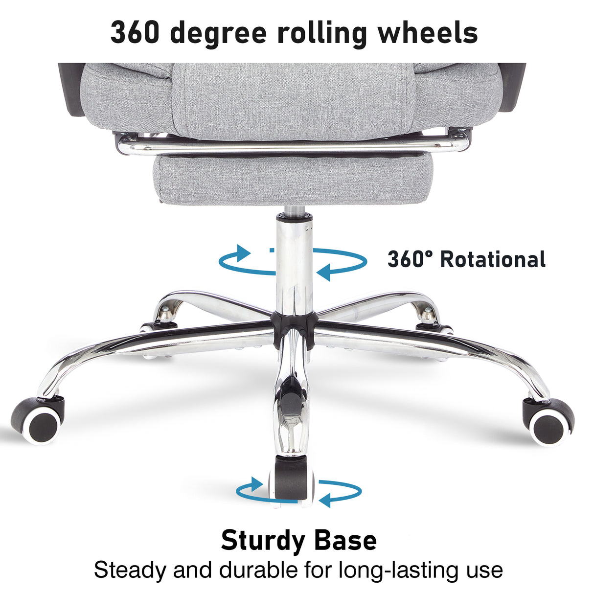 Swivel modern recliner chair with 360-degree rolling wheels for smooth mobility and comfort.