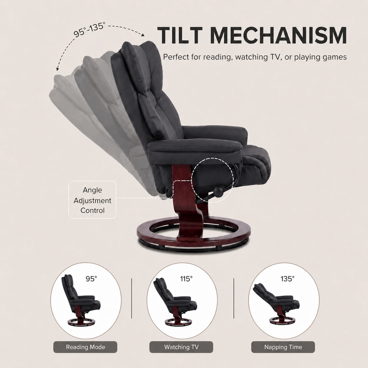 [Black - PU Leather] A recliner chair with footstool and a large callout of tilt mechanism with angle adjustment control at 95°, 115°, and 135° angles 