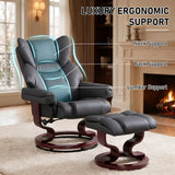 [Black - PU Leather] A luxury ergonomic recliner chair in black faux leather, shown in a living room setting with overlaid text highlighting neck, back, and lumbar support.