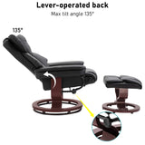 Swivel Recliner Chair With Footstool in black leather featuring a lever-operated backrest with 135° tilt angle and matching circular wood base. Ideal for living rooms.