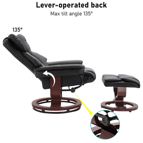 Swivel Recliner Chair With Footstool in black leather featuring a lever-operated backrest with 135° tilt angle and matching circular wood base. Ideal for living rooms.
