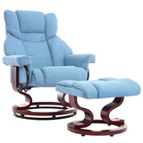 Elegant blue swivel recliner chairs fabric with a matching cushioned footrest.