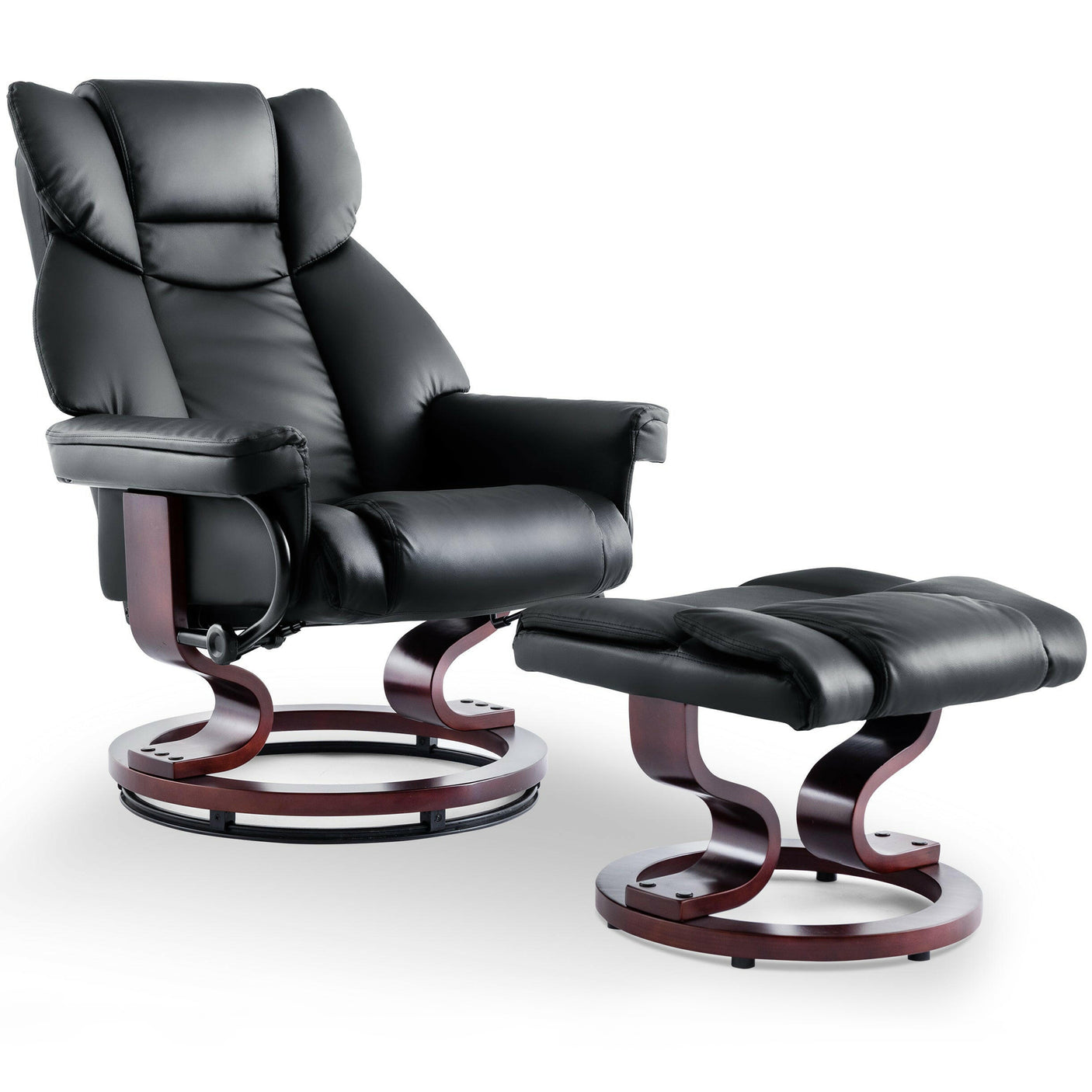 Black Recliner Swivel Armchair With Footstool | Lounge Chair featuring ergonomic design, padded cushions, and bentwood base for modern comfort.