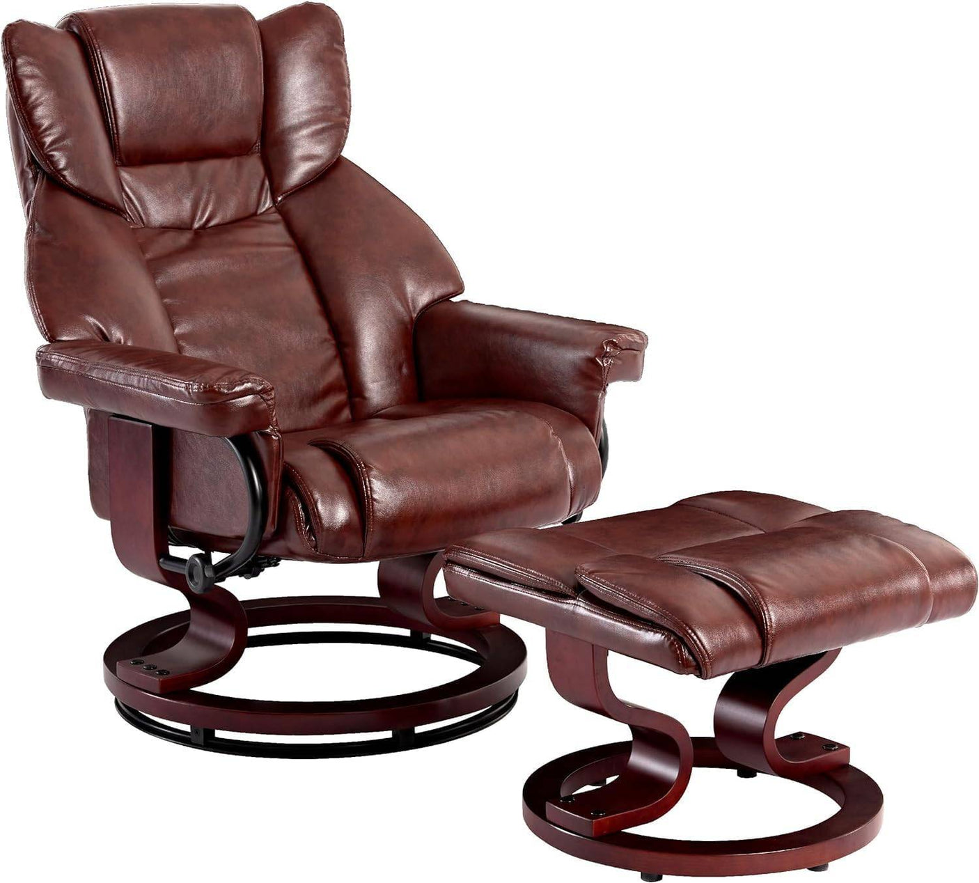 Brown leather Recliner Swivel Armchair With Footstool | Lounge Chair with classic look, ergonomic design, and curved wooden base.