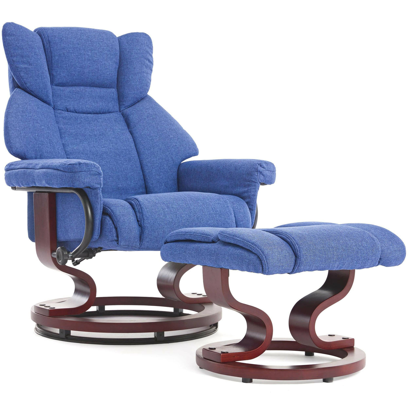 Dark blue Recliner Swivel Armchair With Footstool | Lounge Chair with padded seat and curved wooden base, perfect for home relaxation.