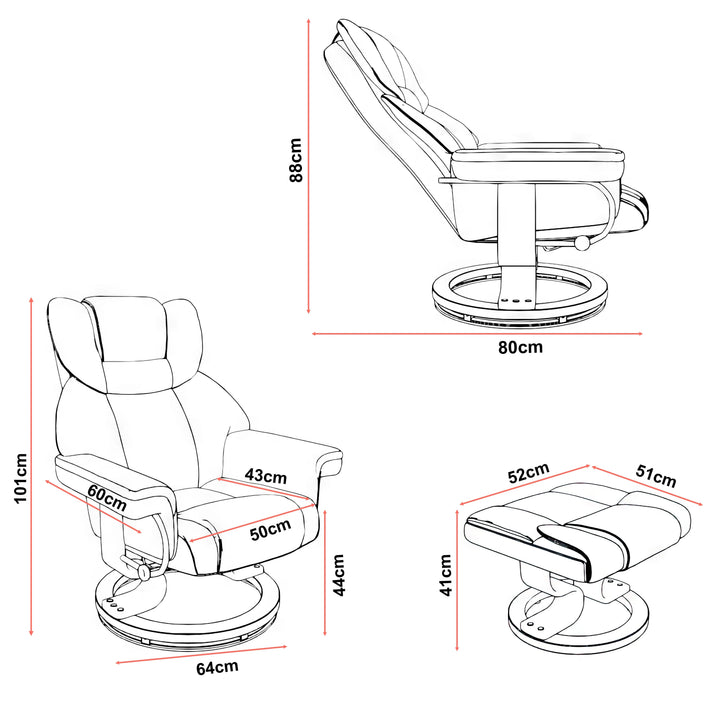 Swivel Recliner Chair With Footstool | Swivel Armchair | DHS shown with detailed dimensions including height, width, and depth for chair and footstool.