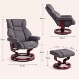 [Grey - Linen] upholstered recliner chair with matching footstool shown from multiple angles with measurements including 88cm, 80cm, 64cm, 52cm, 51cm, 44cm, and 41cm.