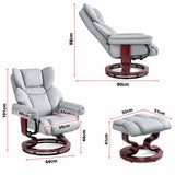 [Grey- PU Leather]  upholstered recliner chair with matching ottoman shown on a white background, with red dimension arrows and measurements for height, width, and depth.
