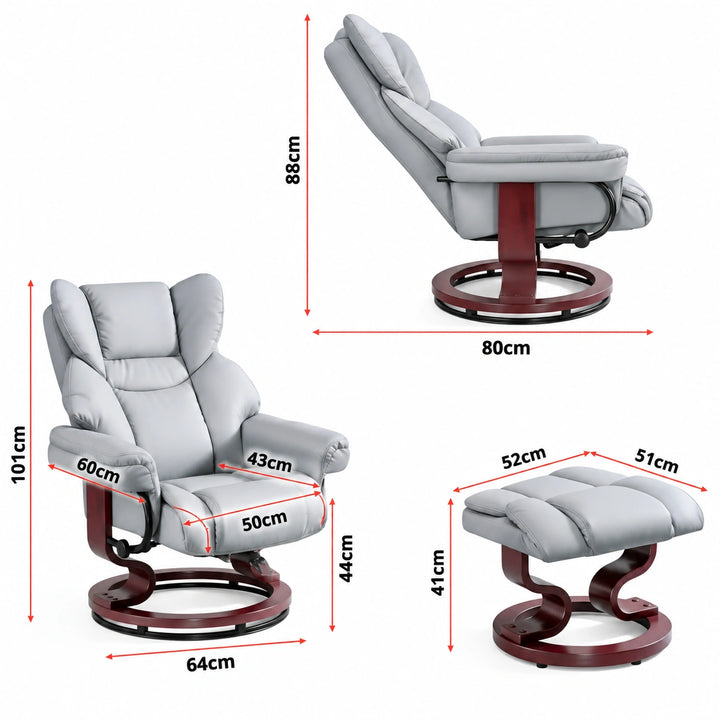 [Grey- PU Leather]  upholstered recliner chair with matching ottoman shown on a white background, with red dimension arrows and measurements for height, width, and depth.