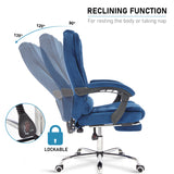 Blue swivel reclining chair with ergonomic design, adjustable, and cushioned armrests for comfort