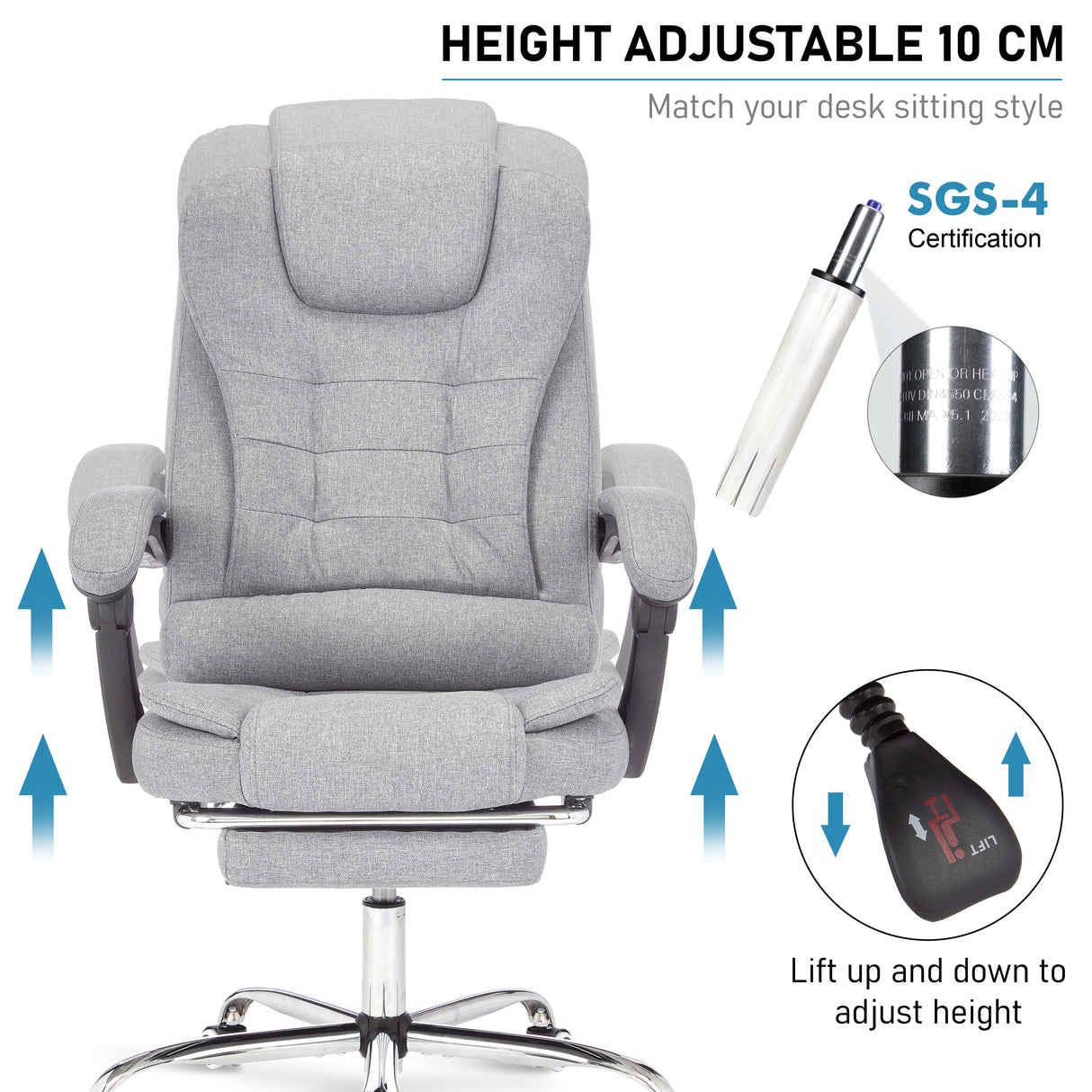 Swivel riser recliner chair UK with 10 cm height adjustment for customizable comfort and support.