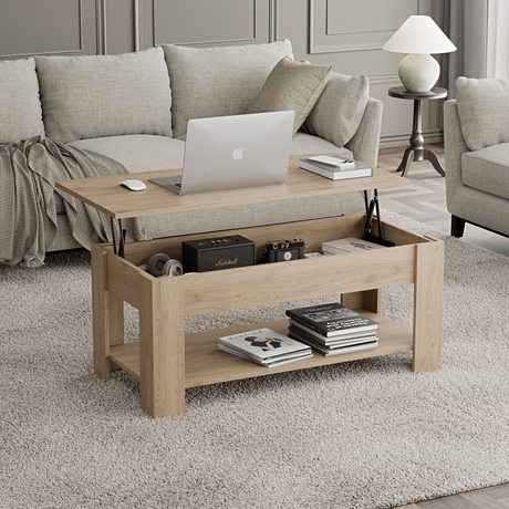 Table modern coffee with lift-top feature and spacious storage, crafted with a natural finish.