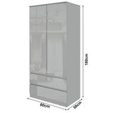 Tall 2-door wardrobe with drawers, featuring spacious storage. Dimensions available.