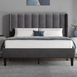 Vertical Line Velvet Upholstered Bed Frame in grey with channel tufted headboard, shown in double size with wooden slats and modern bedroom decor.