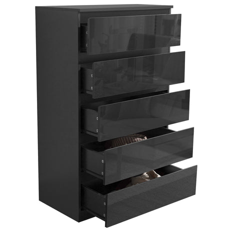 Tall black chest of drawers, offering stylish vertical storage with a modern and sleek design.