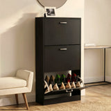 [Black] 3 Drawer Slim Shoe Cabinet For Hallway shown from an angle with the bottom drawer tipped open.
