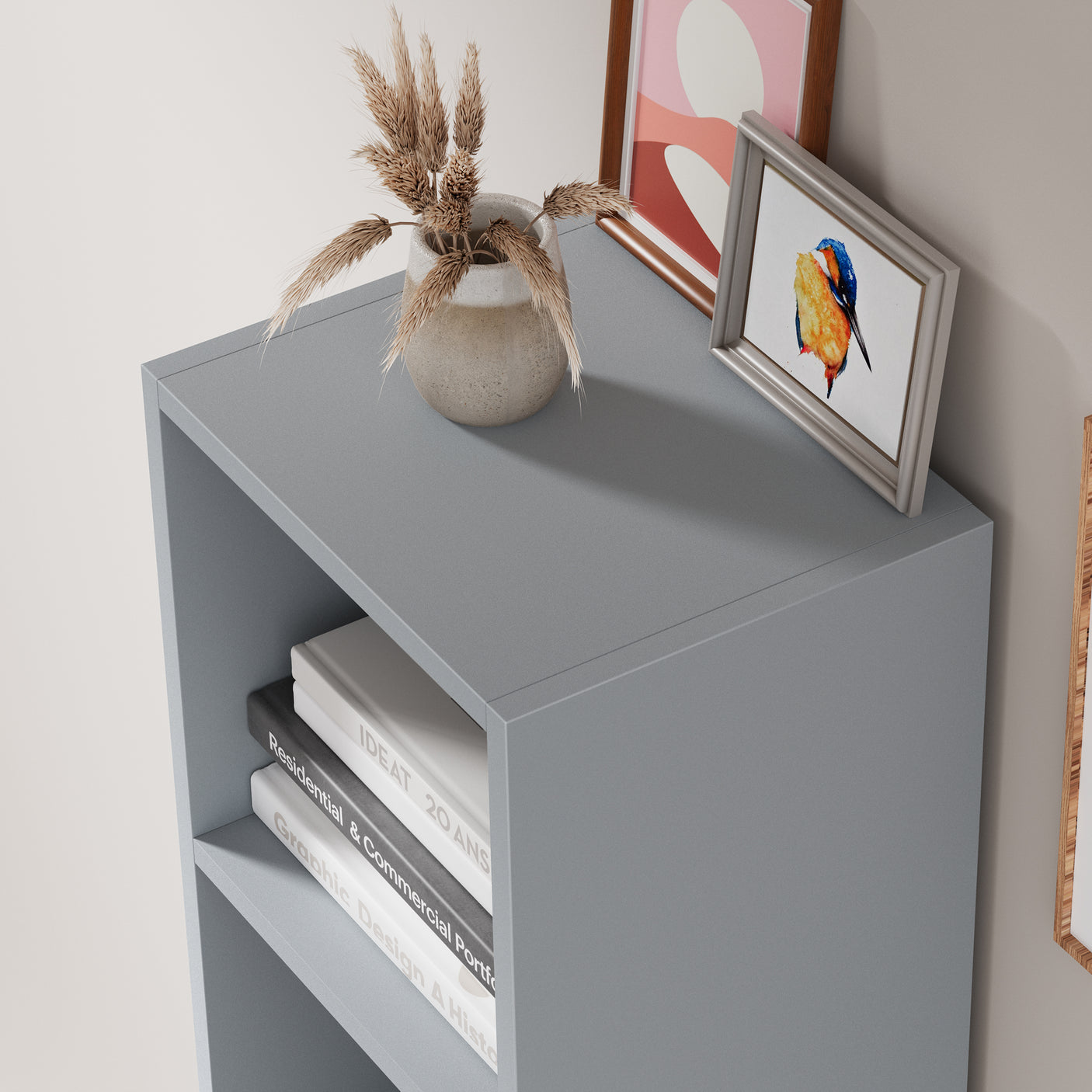 Top view of grey 4 Tier Bookcase Cube Storage Unit with decorative items. Smooth finish and modern design.