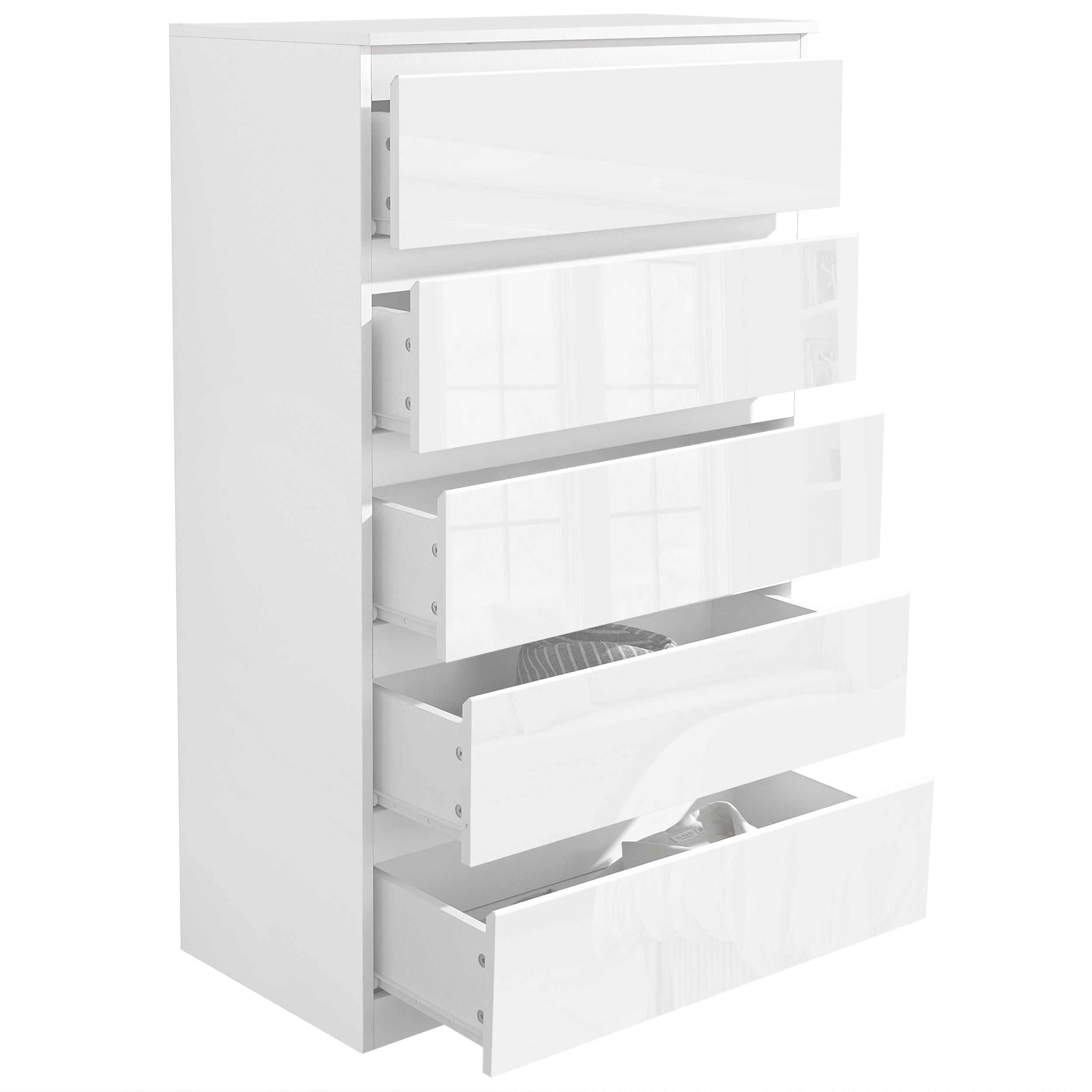 Tall boy chest of drawers, offering vertical storage with a sleek and space-saving design.