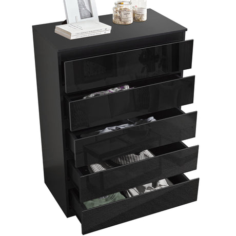 Tall chest of drawers black, offering ample vertical storage with a sleek and contemporary design.