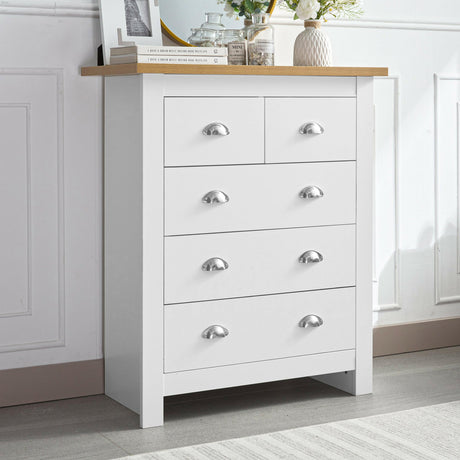 Tall white chest of drawers, 81cm x 35cm x 79cm, offering ample storage for essentials.