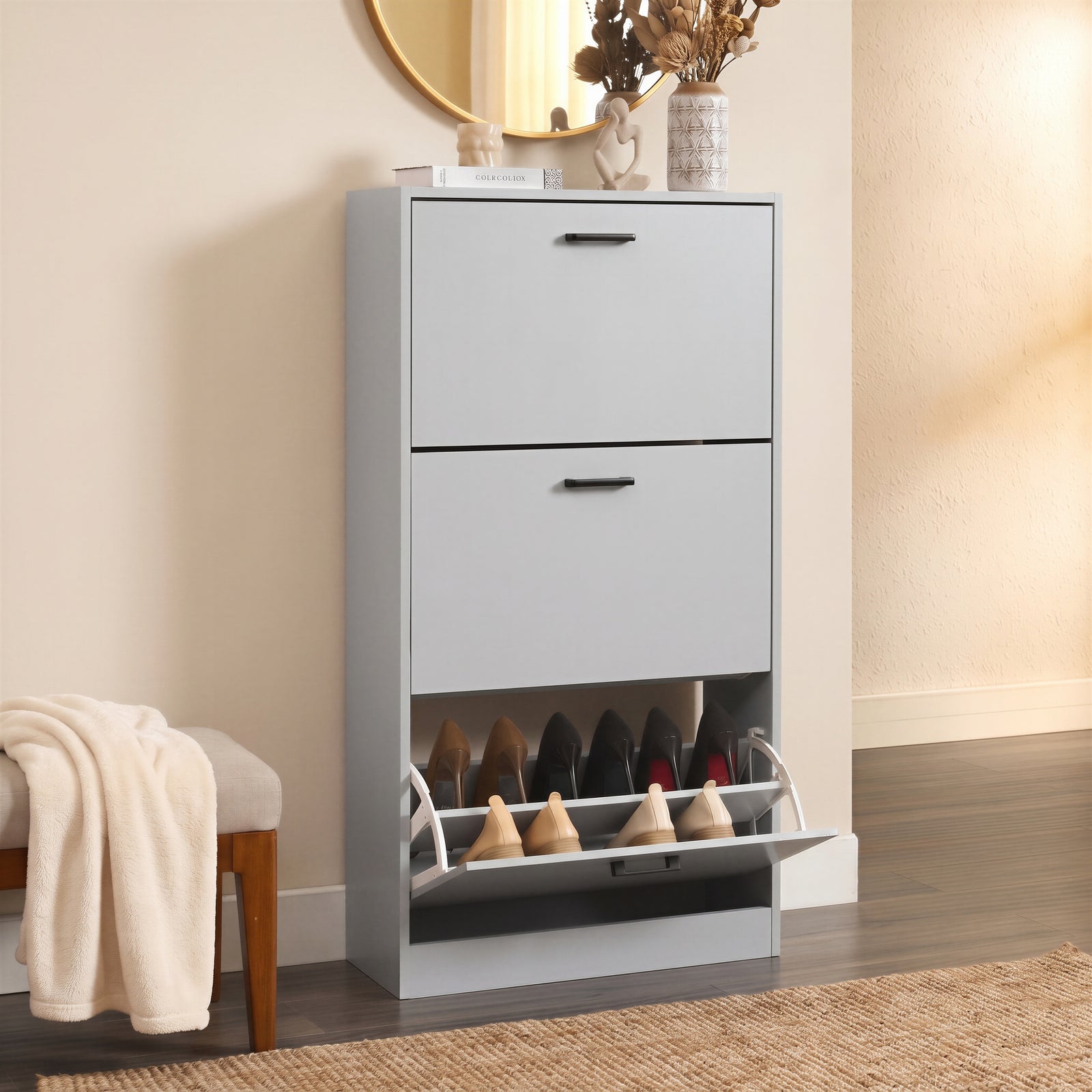 [Light Grey] 3 Drawer Slim Shoe Cabinet For Hallway - Tall Shoe Storage shown from an angle with its bottom drawer.