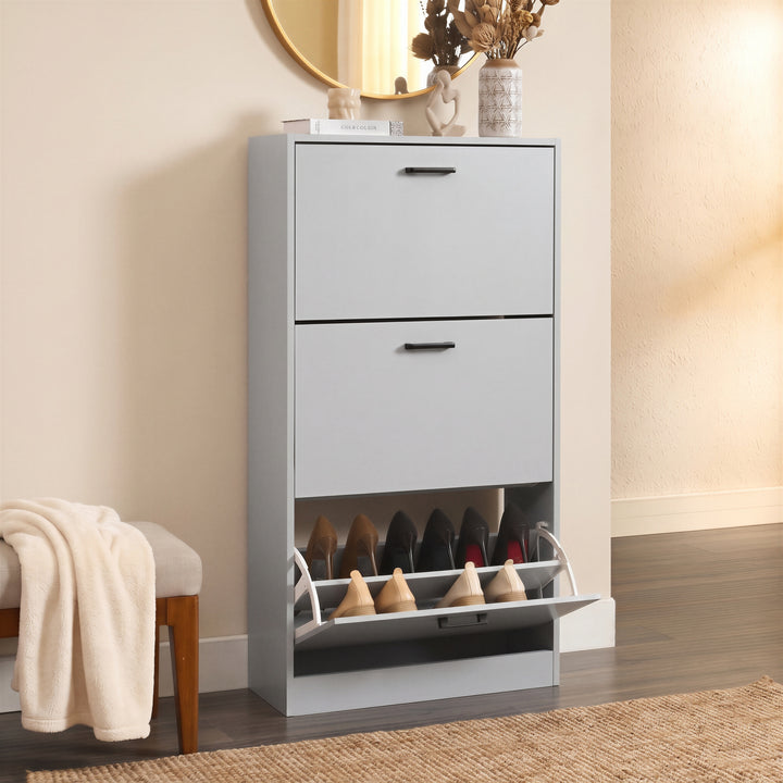 [Light Grey] 3 Drawer Slim Shoe Cabinet For Hallway - Tall Shoe Storage shown from an angle with its bottom drawer.