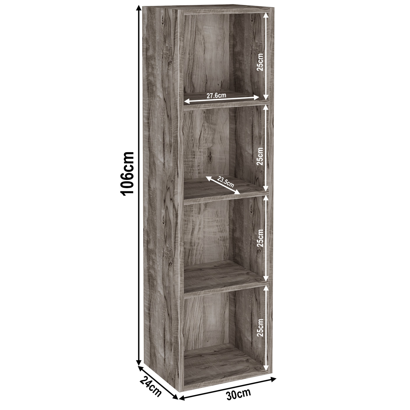 4 Tier Bookcase Cube Storage Unit with measurements. 106cm tall narrow shelving unit for versatile storage.