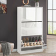 High gloss tall shoe storage cabinet with mirror finish and multiple shoe compartments