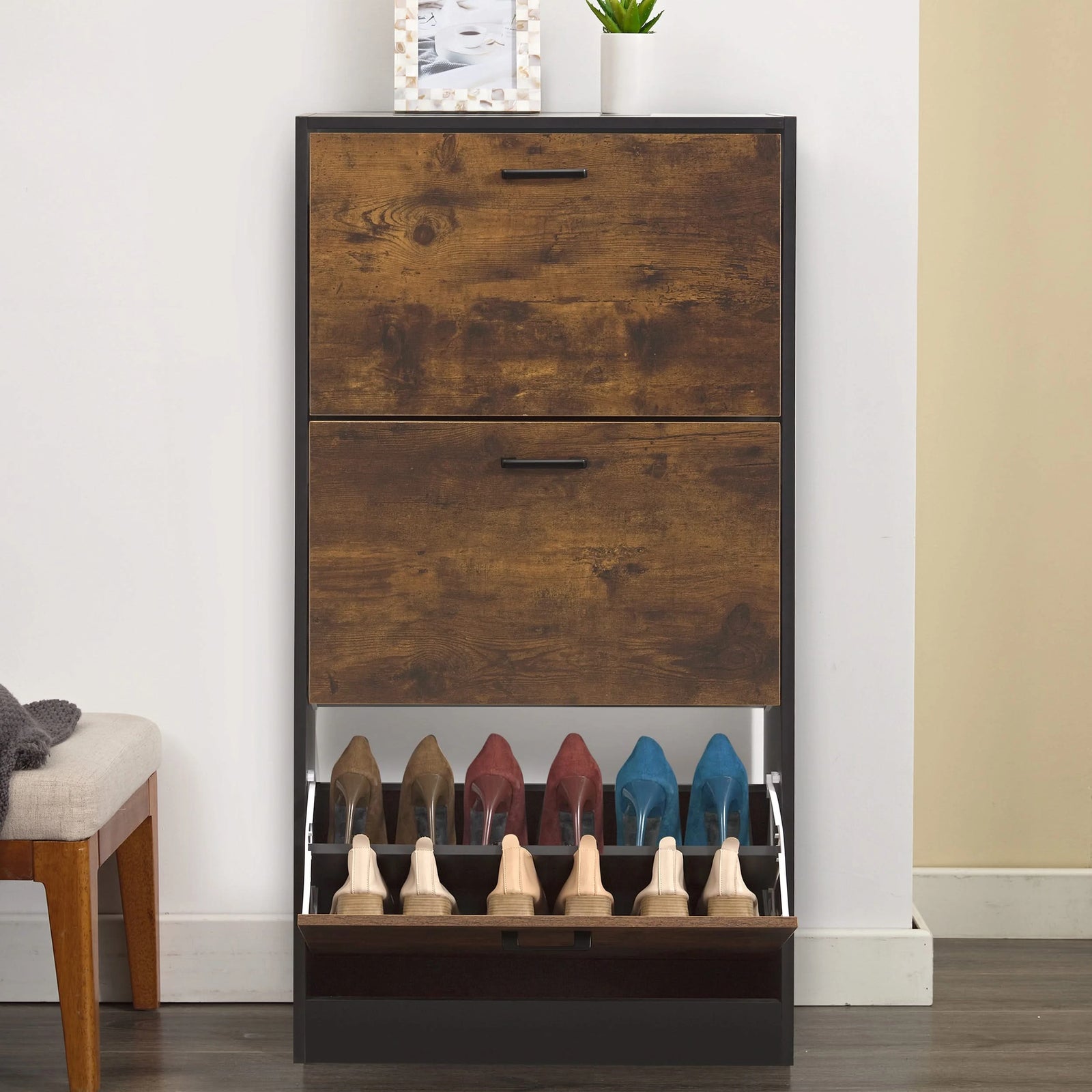 [Black & Rustic] Slim shoe cabinet with doors slightly open, revealing 6 shoes in the bottom pull-down drawer.