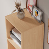Top view of oak 5 tier bookcase with decor, highlighting smooth surface and natural wood tone.
