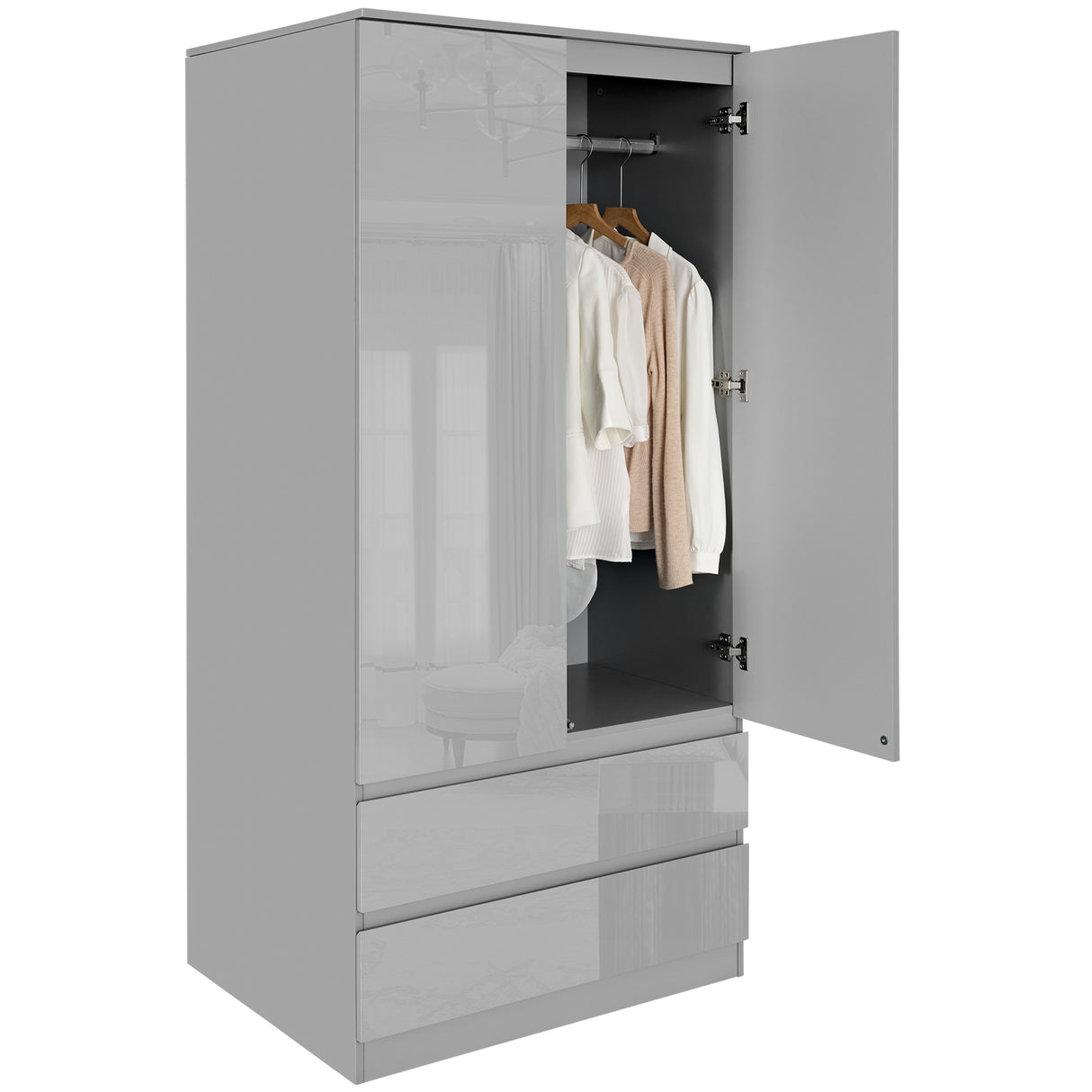 Tall wardrobe with a sleek design, offering ample storage space for clothing and accessories.