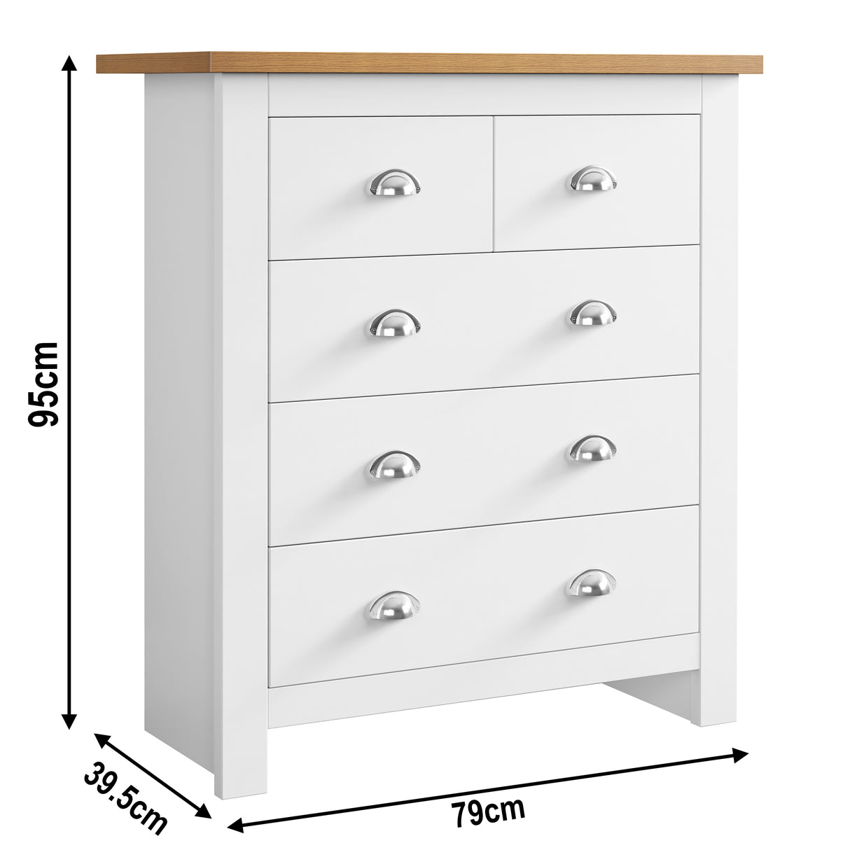 Tall white chest of drawers for bedroom, size 95cm x 39.5cm x 79cm, stylish and spacious storage