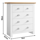 Tall white chest of drawers for bedroom, size 95cm x 39.5cm x 79cm, stylish and spacious storage