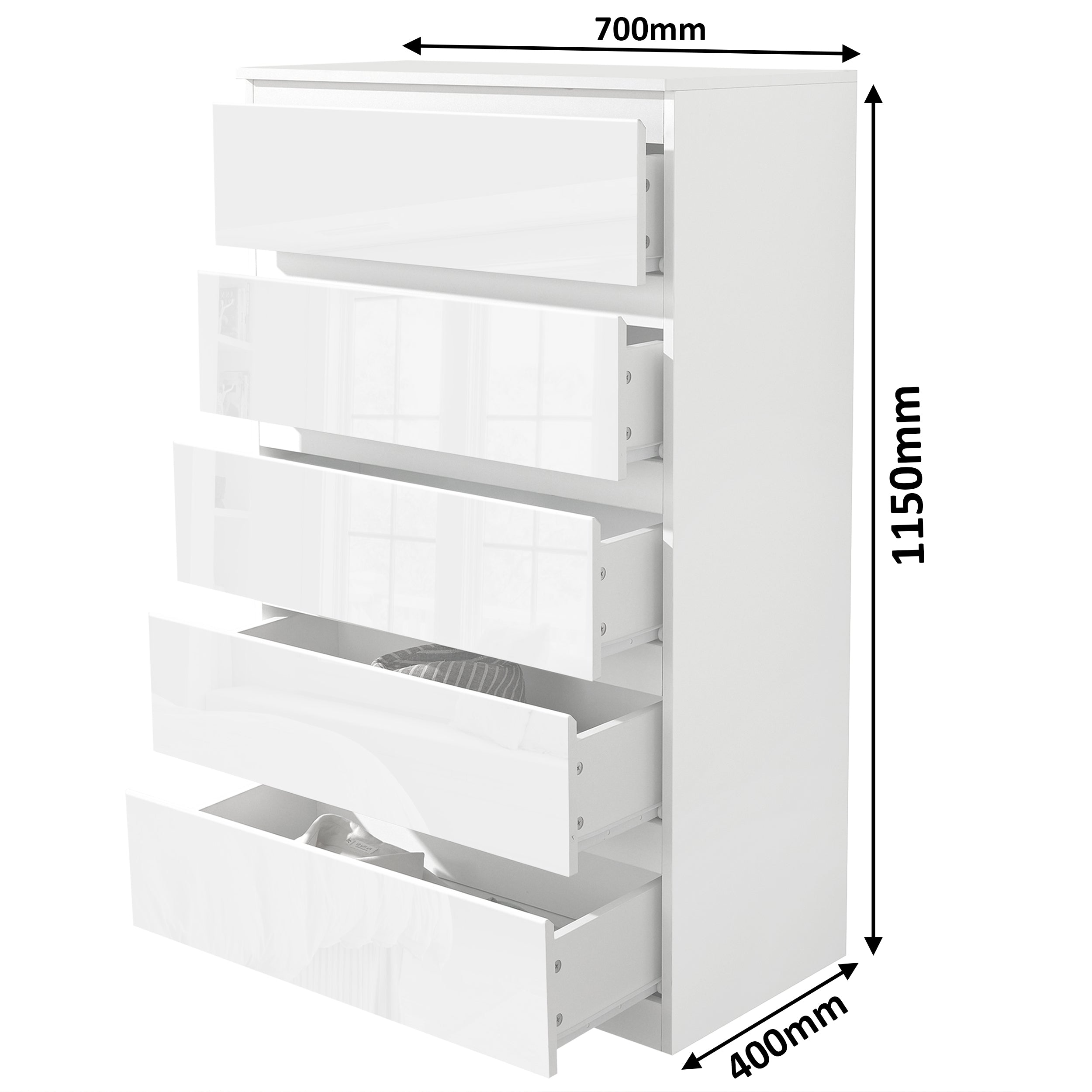 Tall white chest of drawers, offering spacious vertical storage with a clean, modern design.