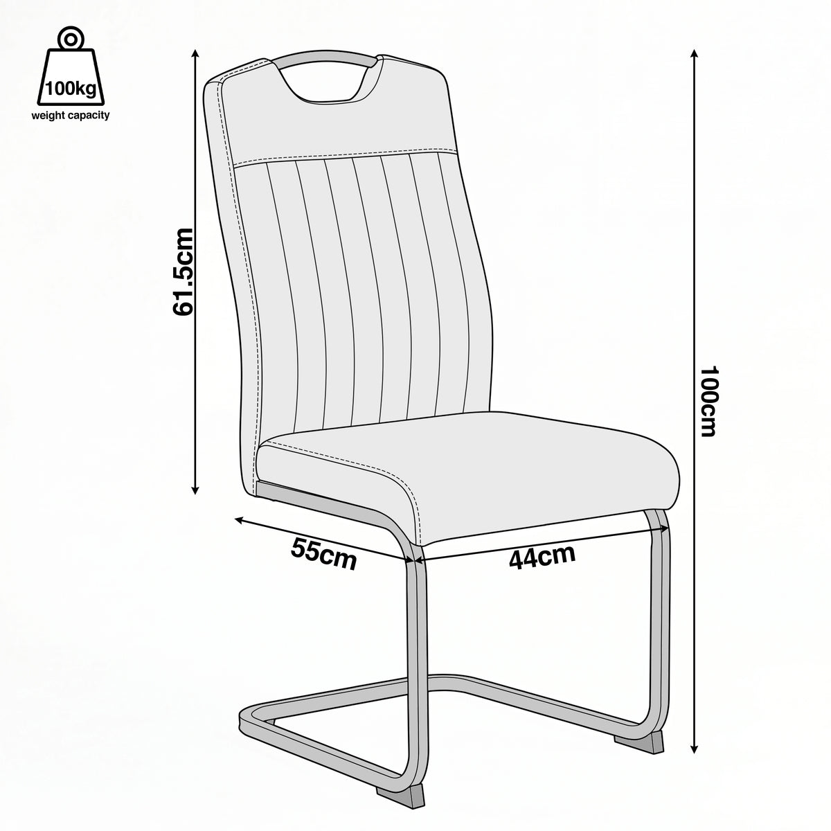 [Tan] Dining chair size guide showing 100cm high, 44cm wide, 55cm deep, 61.5cm back dimensions and 100kg capacity.