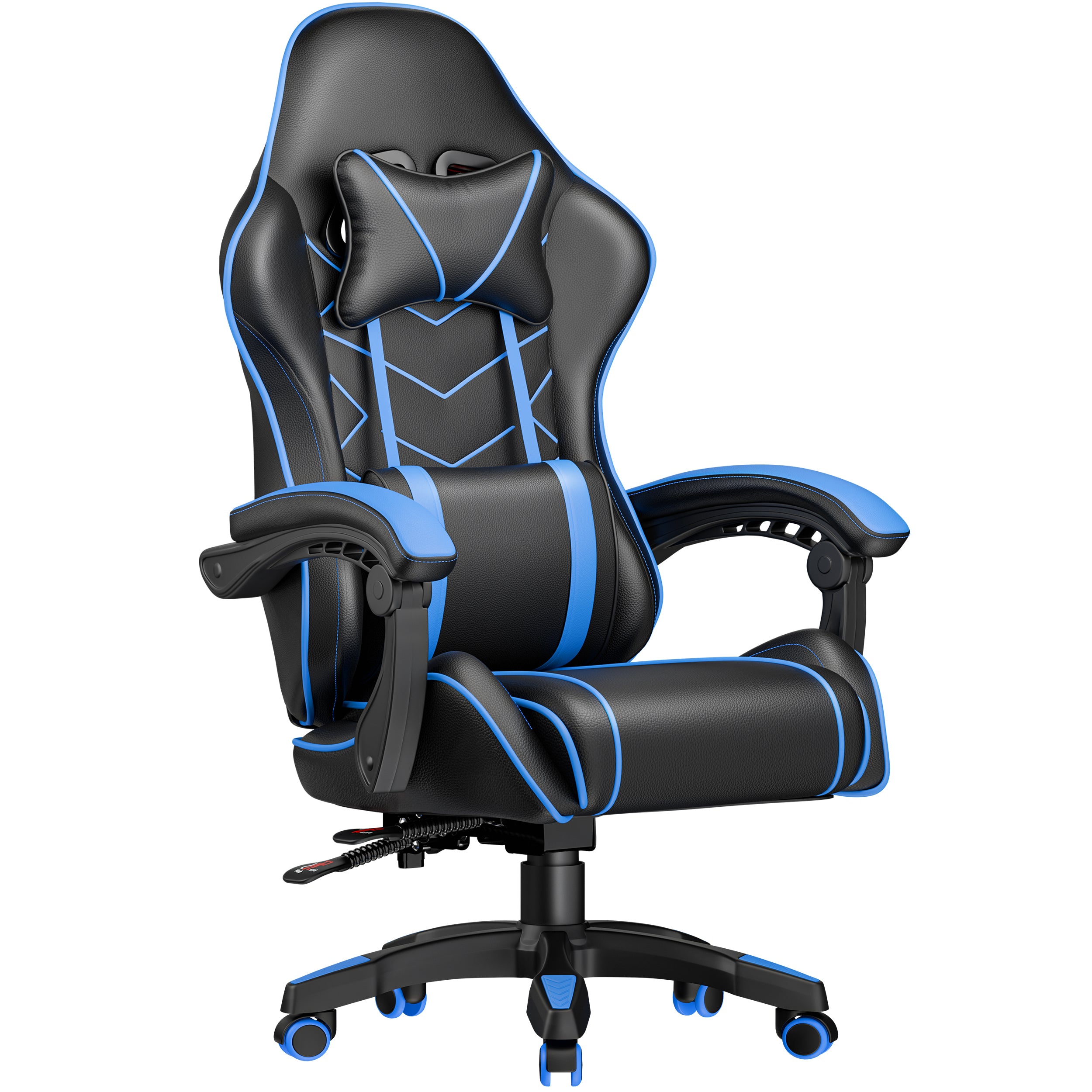 The best gaming chair with ergonomic design, blue accents, and lumbar support pillow.