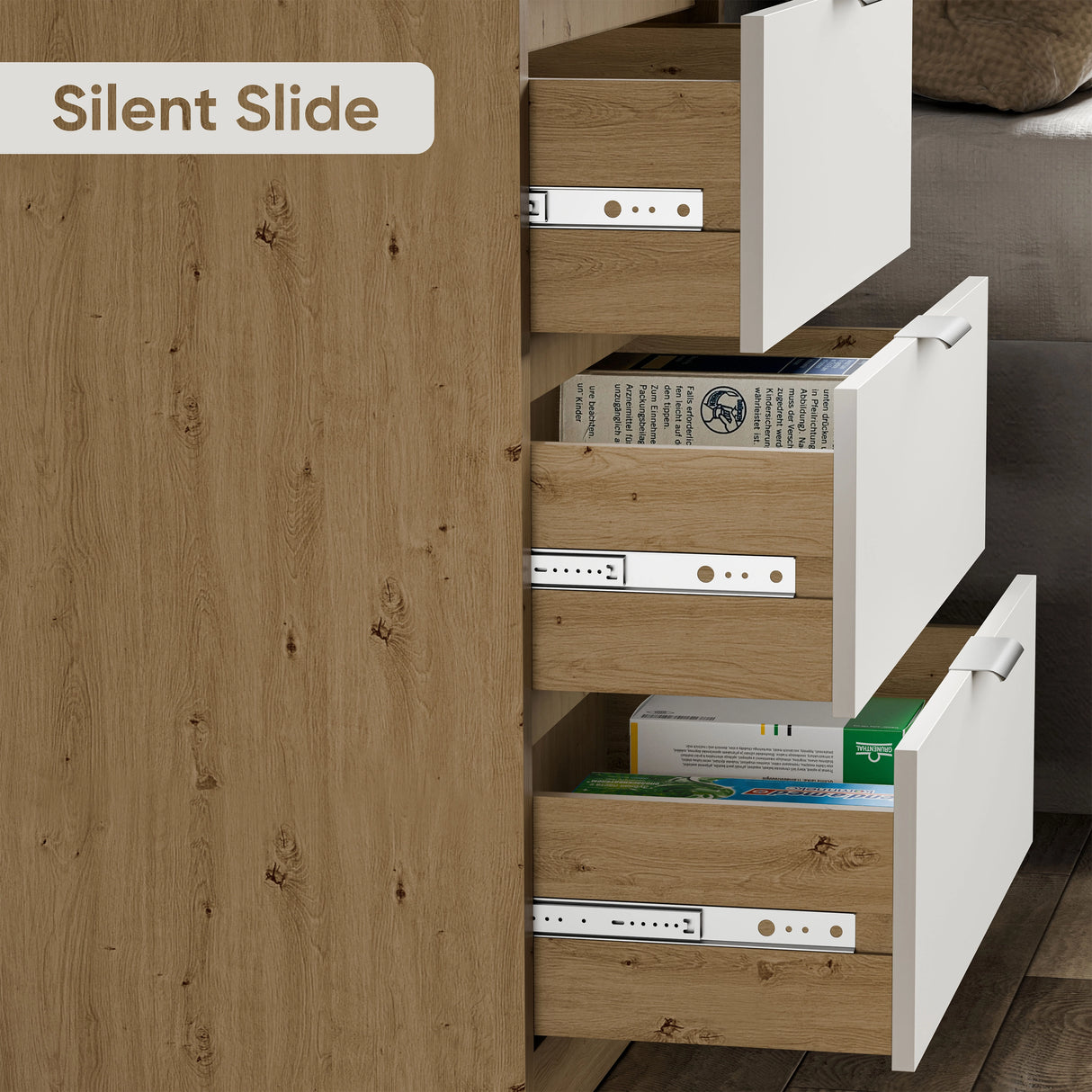 Close-up of partialy open bedroom drawers with two-tone wood and white finish, showing silent slide hardware