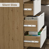 Close-up of partialy open bedroom drawers with two-tone wood and white finish, showing silent slide hardware
