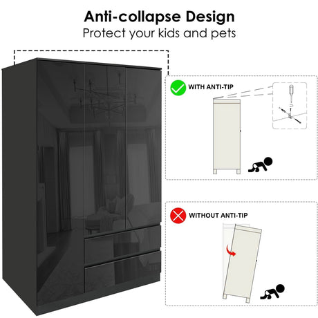 Three-door wardrobe with drawers featuring an anti-collapse design for added stability.