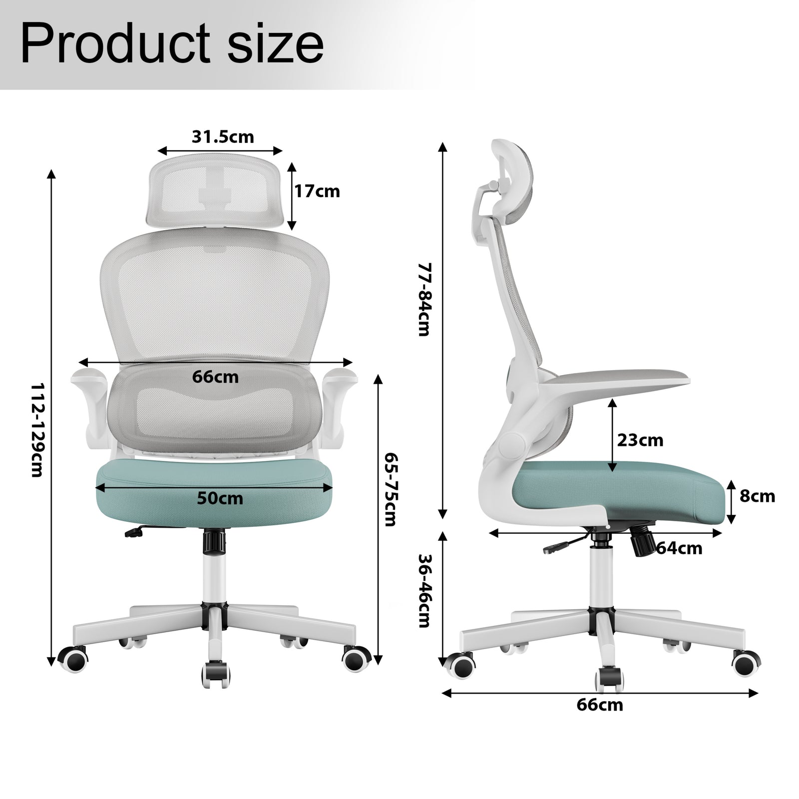 [Tiffany Blue + Grey] Product size chart for teal ergonomic mesh office chair. Includes detailed dimensions for seat, backrest, and overall height.